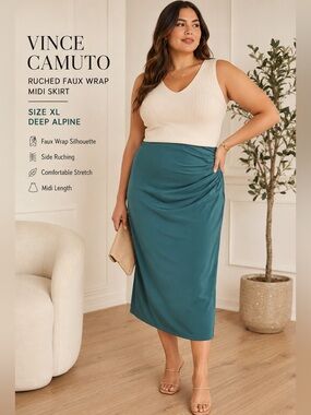 Vince Camuto Faux Wrap Ruched Midi Skirt XL Deep Alpine Teal Stretch NWT